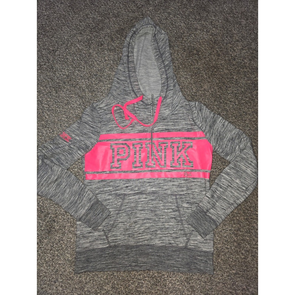 Victoria's Secret PINK Gray Neon Pink Quarter Zip Hoodie Sweatshirt Small